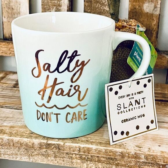 NWT Gorgeous SLANT Collections Emily Salty Hair Don’t Care Ombré White Blue Mug - Picture 1 of 12